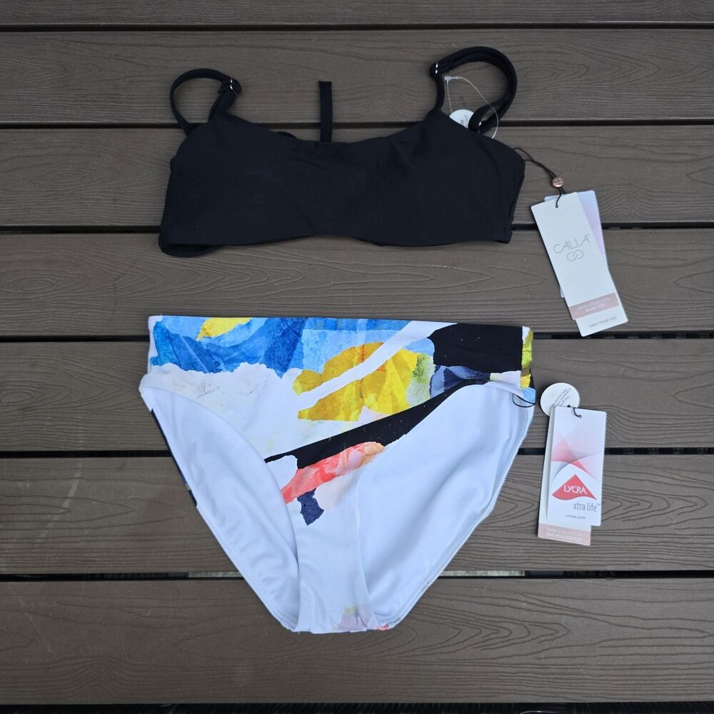 CALIA Women's Pure Black Bikini Top & Collage Mid Rise Band Bikini Sz XS New